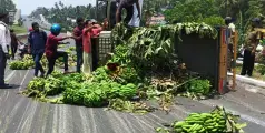 ബൈപ്പാസ് റോഡിൽ ലോറി നിയന്ത്രണം വിട്ട് മറിഞ്ഞ് അപകടം, റോഡ് നിറയെ വാഴക്കുല തെറിച്ചുവീണു