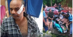 റോഡിലേക്ക് മതിൽ ഇടിഞ്ഞു വീണ പരിഭ്രാന്തിയിൽ സ്കൂട്ടർ വെട്ടിച്ച യാത്രികന് പരിക്ക് 