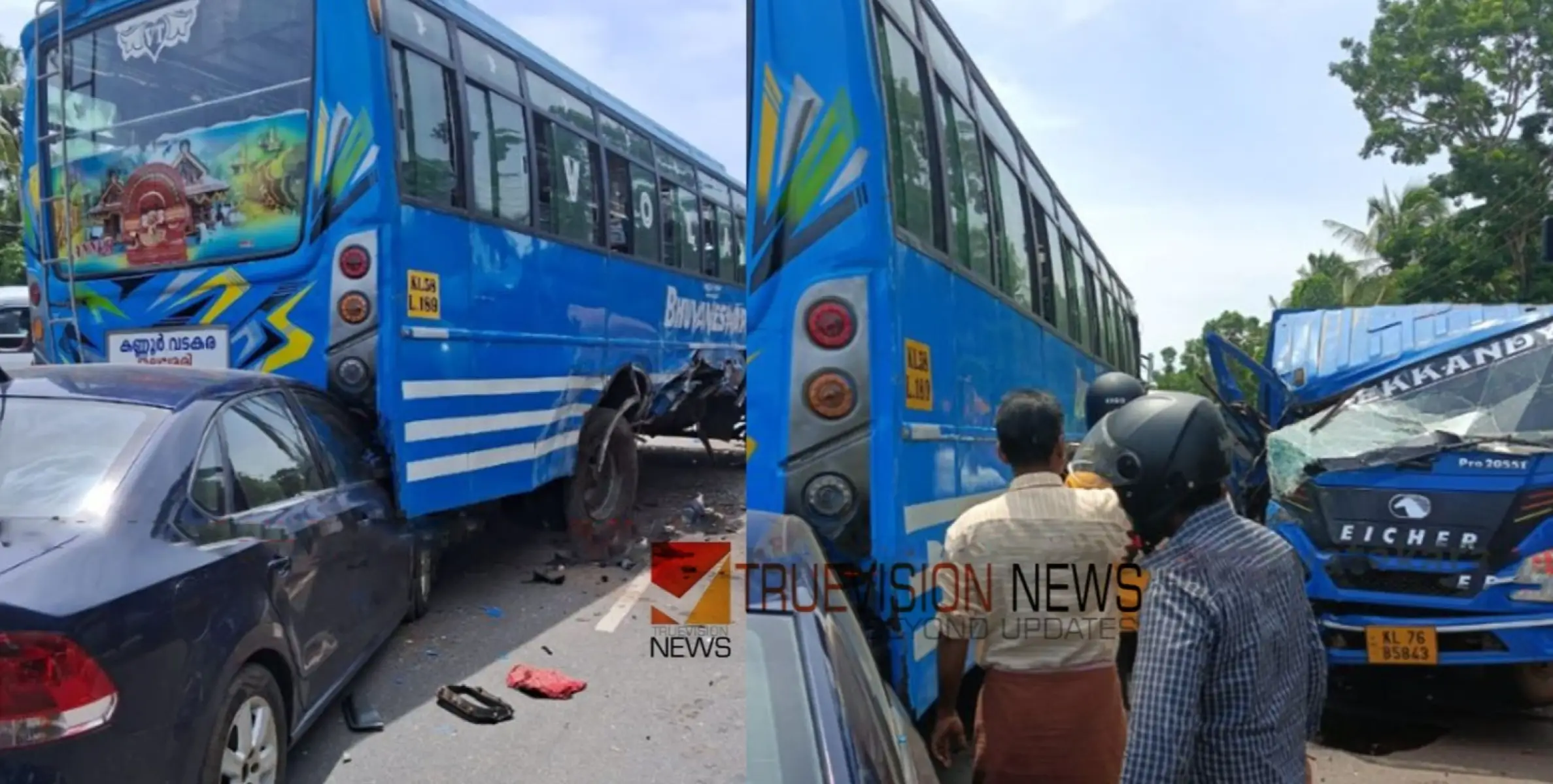 #accident  |  വടകരയിൽ  ബസ് ലോറിയിലിടിച്ച്  അപകടം;  അഞ്ച് പേർക്ക് പരിക്ക്