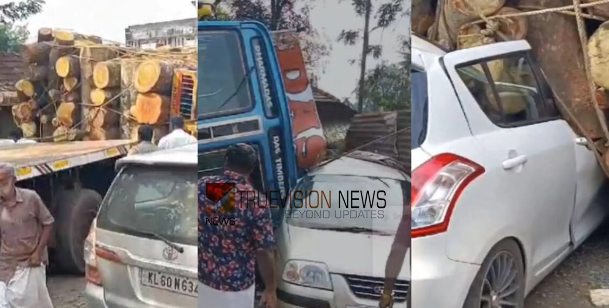 #accident | റോഡിലെ കുഴിയിൽ വീണ് നിയന്ത്രണം വിട്ട തടി ലോറി വാഹനങ്ങളുടെ മുകളിലേക്ക് മറിഞ്ഞു; ലോറി ഡ്രൈവർക്ക് നിസ്സാര പരിക്ക് 