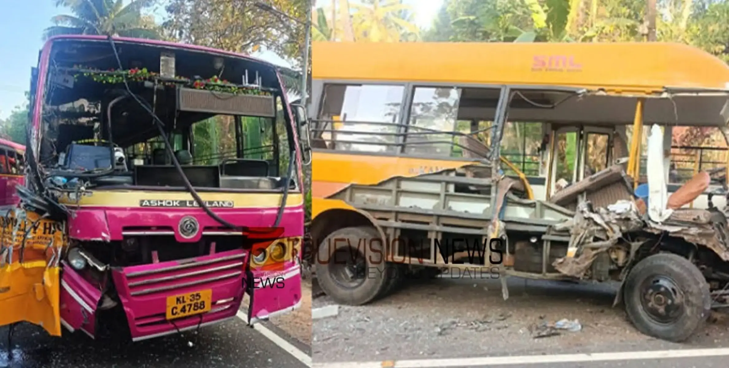 സ്കൂൾ ബസ്സും സ്വകാര്യ ബസ്സും കാറും കൂട്ടിയിടിച്ച് അപകടം, ഒരാൾക്ക് പരിക്ക് 
