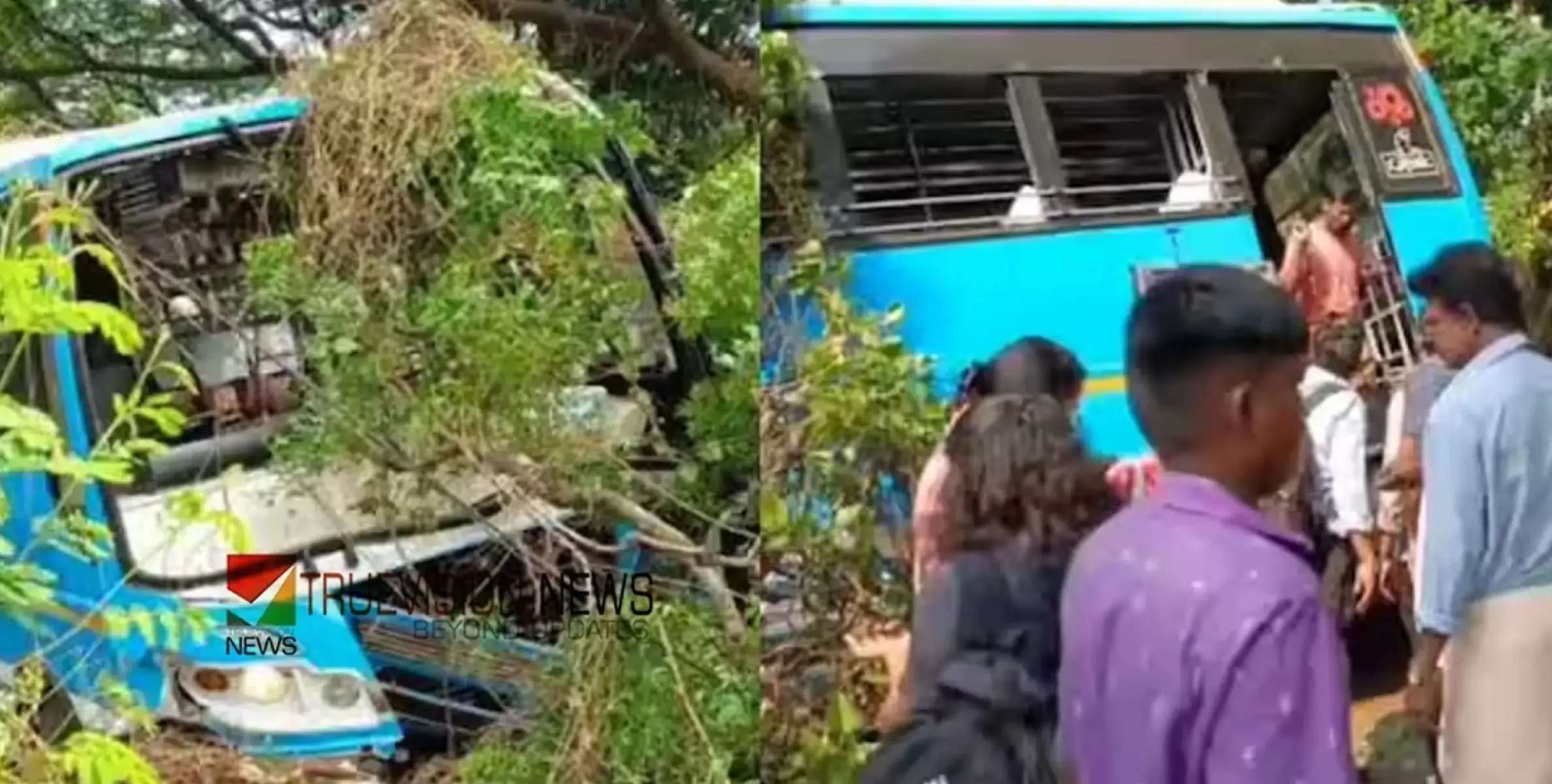 സ്വകാര്യ ബസ് നിയന്ത്രണം വിട്ട് ബൈക്കിലും മരത്തിലും ഇടിച്ച് അപകടം ആറ് പേർക്ക് പരിക്കേറ്റു
