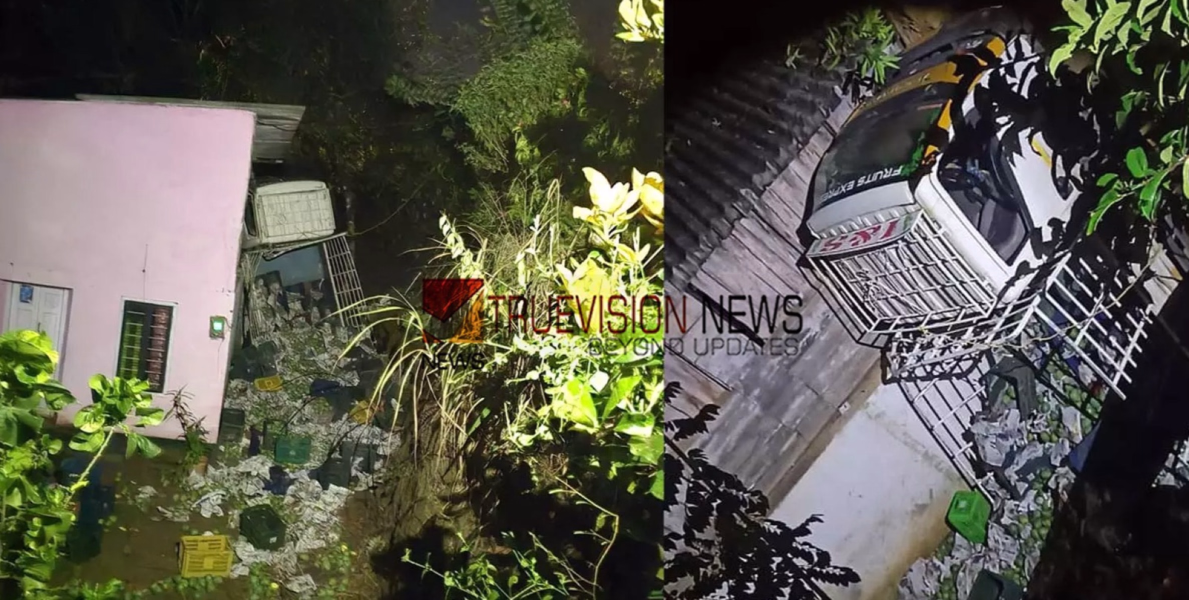 ലോറി വീടിന് മുകളിലേക്ക് മറിഞ്ഞു, ഡ്രൈവർക്ക് പരിക്ക്, വൻ ദുരന്തം ഒഴിവായത്