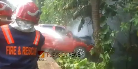 തിരുവല്ലയിൽ ഓടിക്കൊണ്ടിരുന്ന കാറിന് മുകളിൽ തേങ്ങ വീണു; നിയന്ത്രണം വിട്ട കാർ മരത്തിലിടിച്ച് തീ പിടിച്ചു