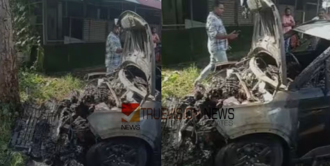 ഓടിക്കൊണ്ടിരുന്ന കാറിൽനിന്നും പുക, വണ്ടി മരത്തിലിടിച്ച് നിർത്തി, പിന്നാലെ തീപടർന്നു