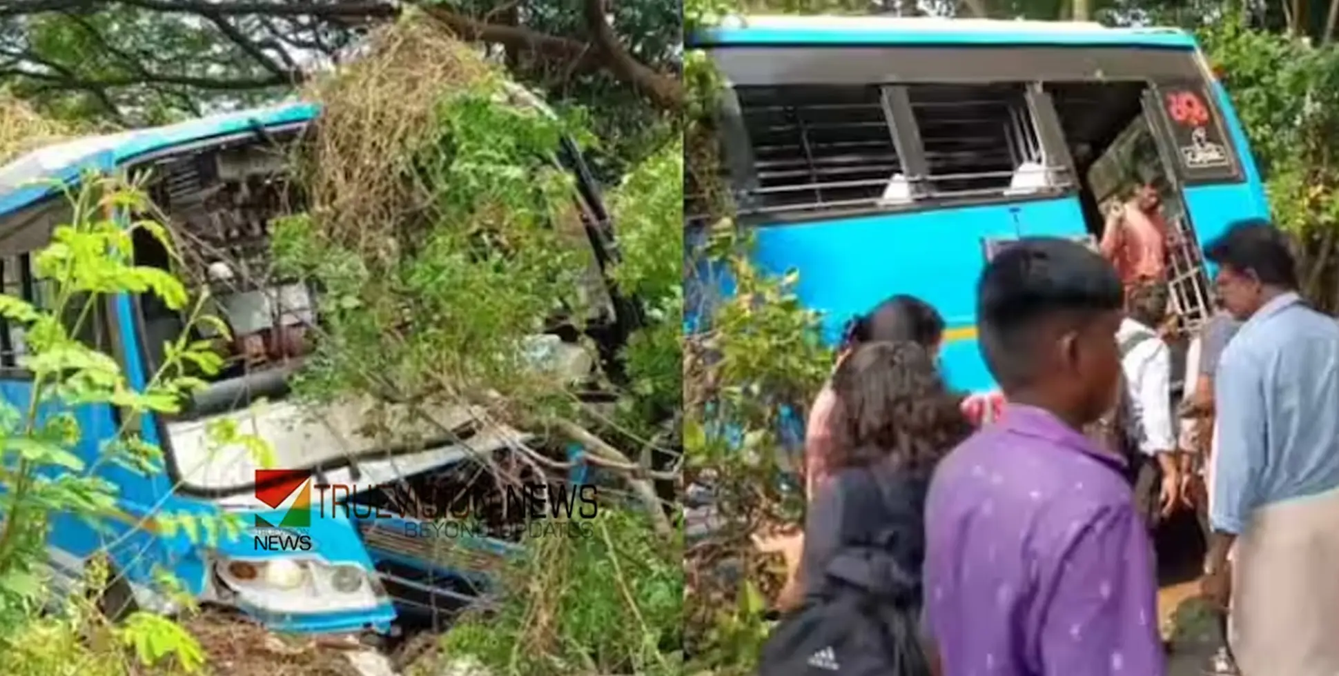 സ്വകാര്യ ബസ് നിയന്ത്രണം വിട്ട് ബൈക്കിലും മരത്തിലും ഇടിച്ച് അപകടം; ആറ് പേർക്ക് പരിക്ക് 