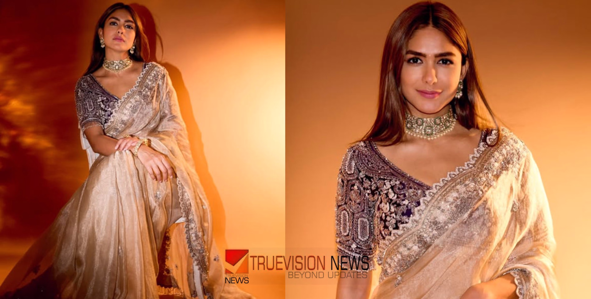 ഗോൾഡൻ ഡിസൈൻ  സാരിയിൽ വീണ്ടും തിളങ്ങി മൃണാൾ താക്കൂർ 